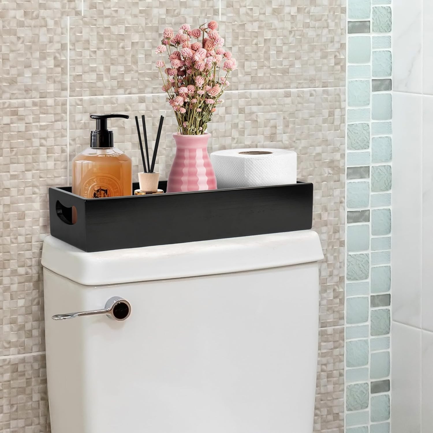 Set of 2 Black Wooden Bathroom Decor Box & Vanity Tray for Organizing Essentials