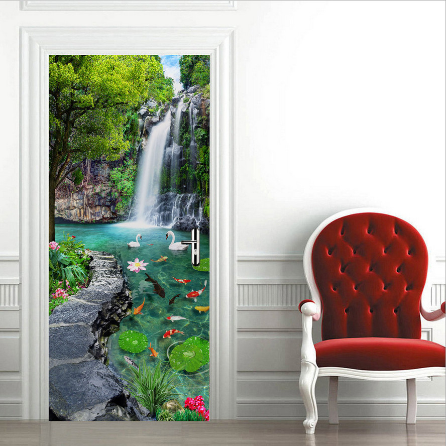 3D Self Adhesive Green Forest Waterfall Door Sticker Wall Decor Mural Wallpaper