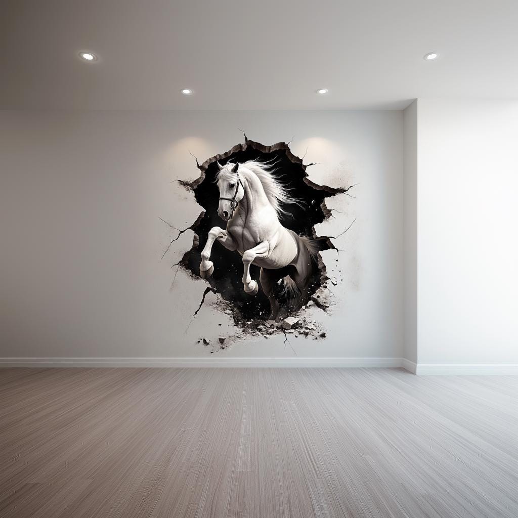3D White Horse Wall Sticker | Realistic Horse Breakthrough Wall Decal Art