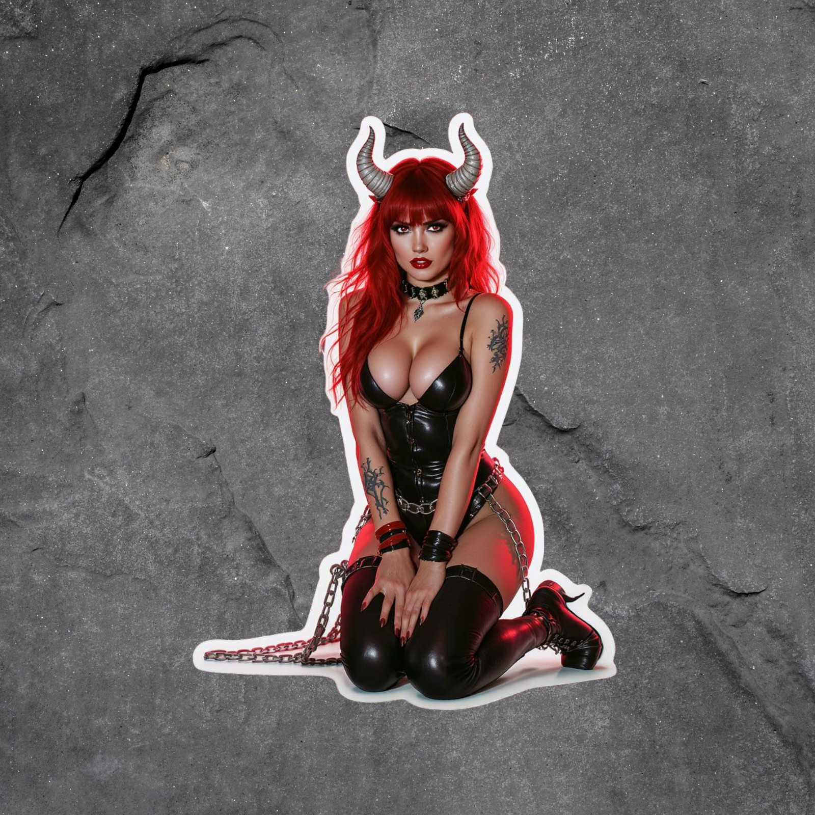 Pinup Girl Sticker Vinyl Decal Devil Horns Black Latex Red Hair Kneeling