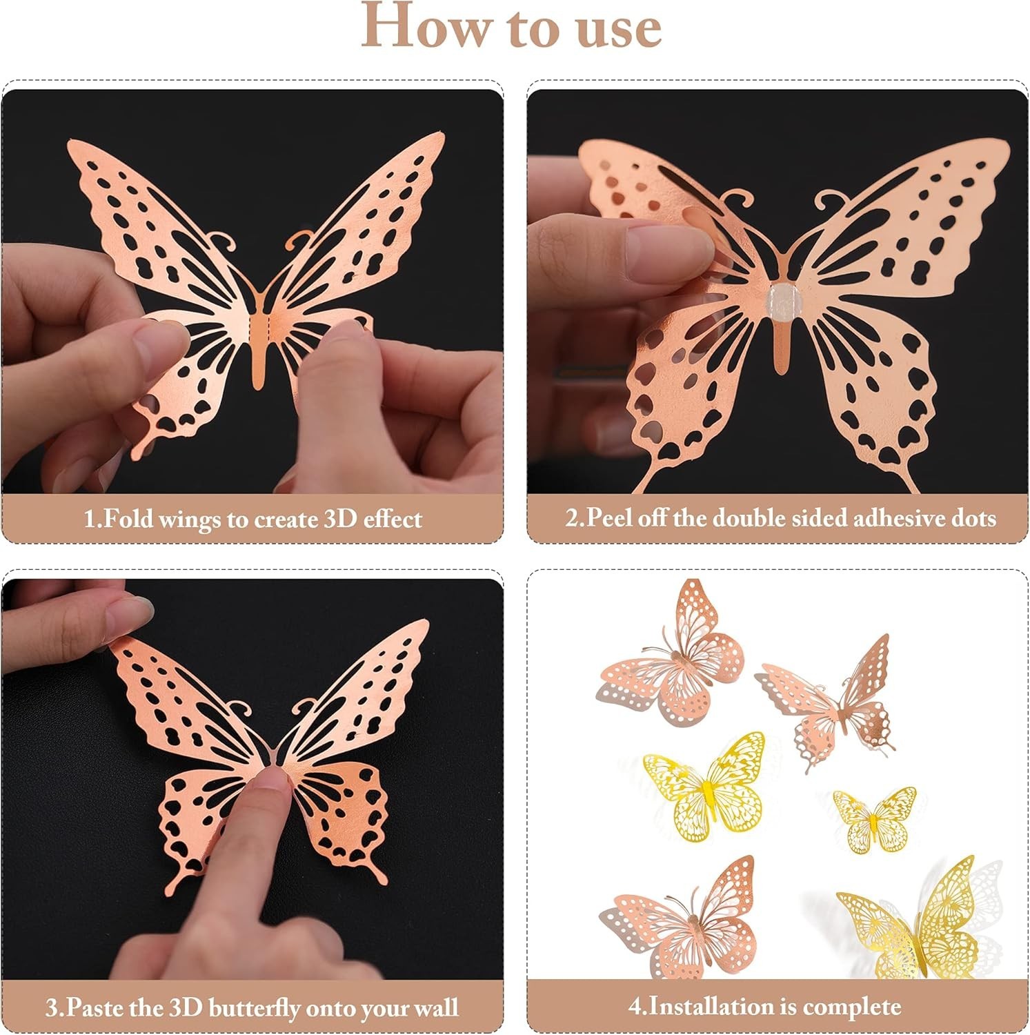 3D Butterfly Wall Decor, 48 Pcs 4 Styles 2 Color 3 Sizes, Removable Metallic …