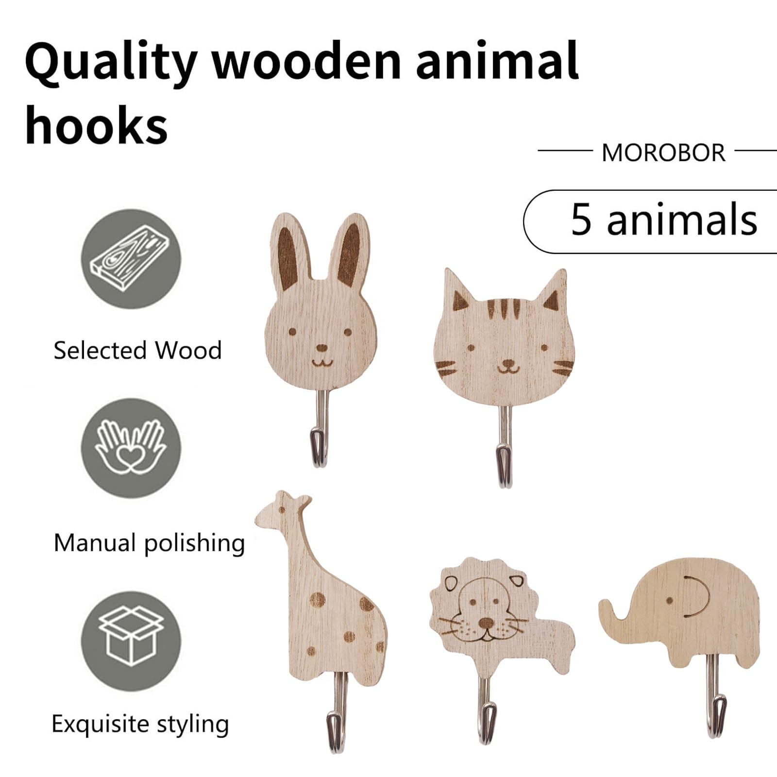 Wooden Animal Hooks, 5pcs Decorative Coat Wall Mounted Hangers Cats, Lions, R…