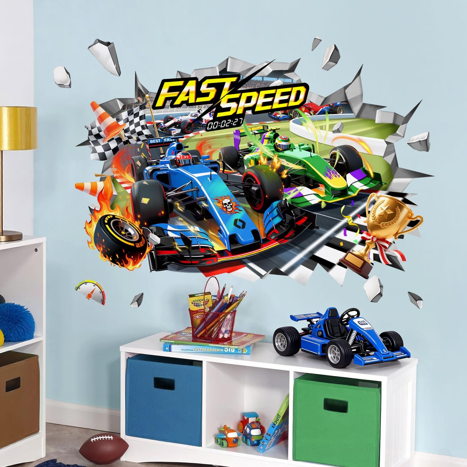 3D Racing Car Wall Decals – Speeding Race Car Break Through Wall Stickers for…