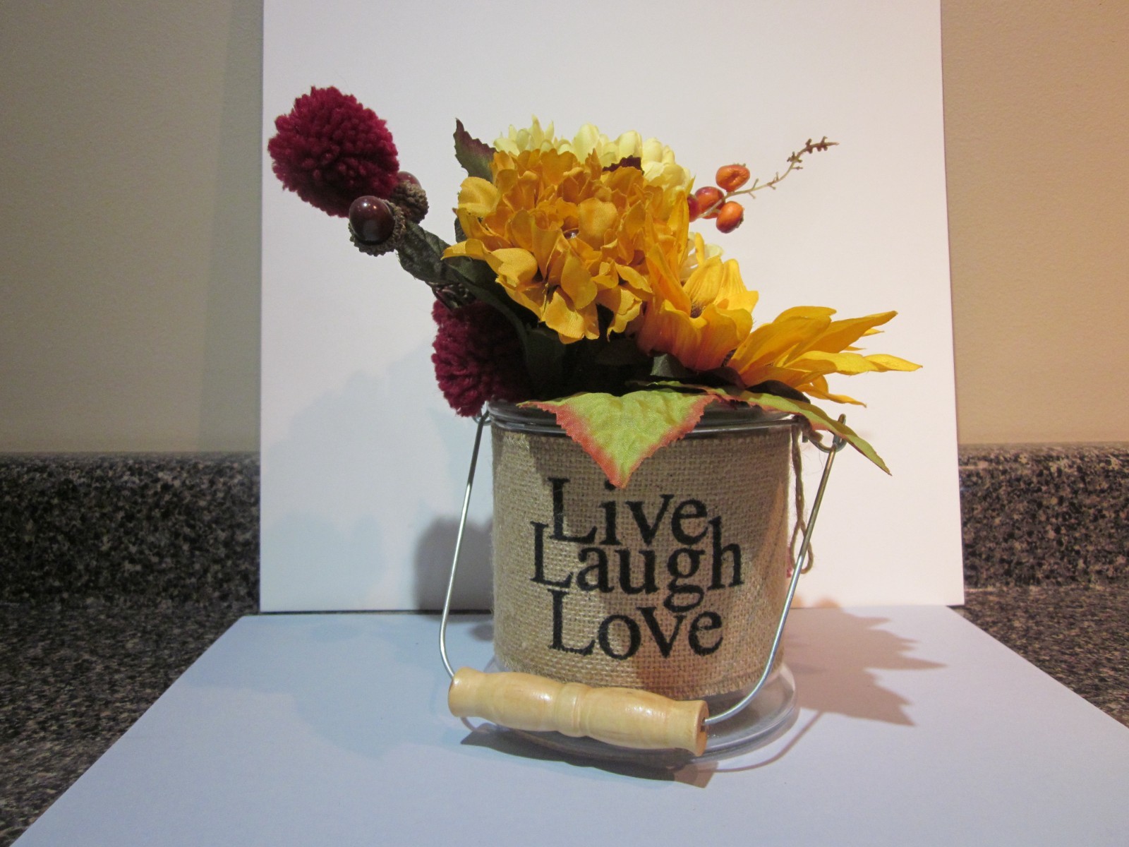 Home Decor Live Laugh Love Flowers in Glass Jar Pail Home Decor Free Ship