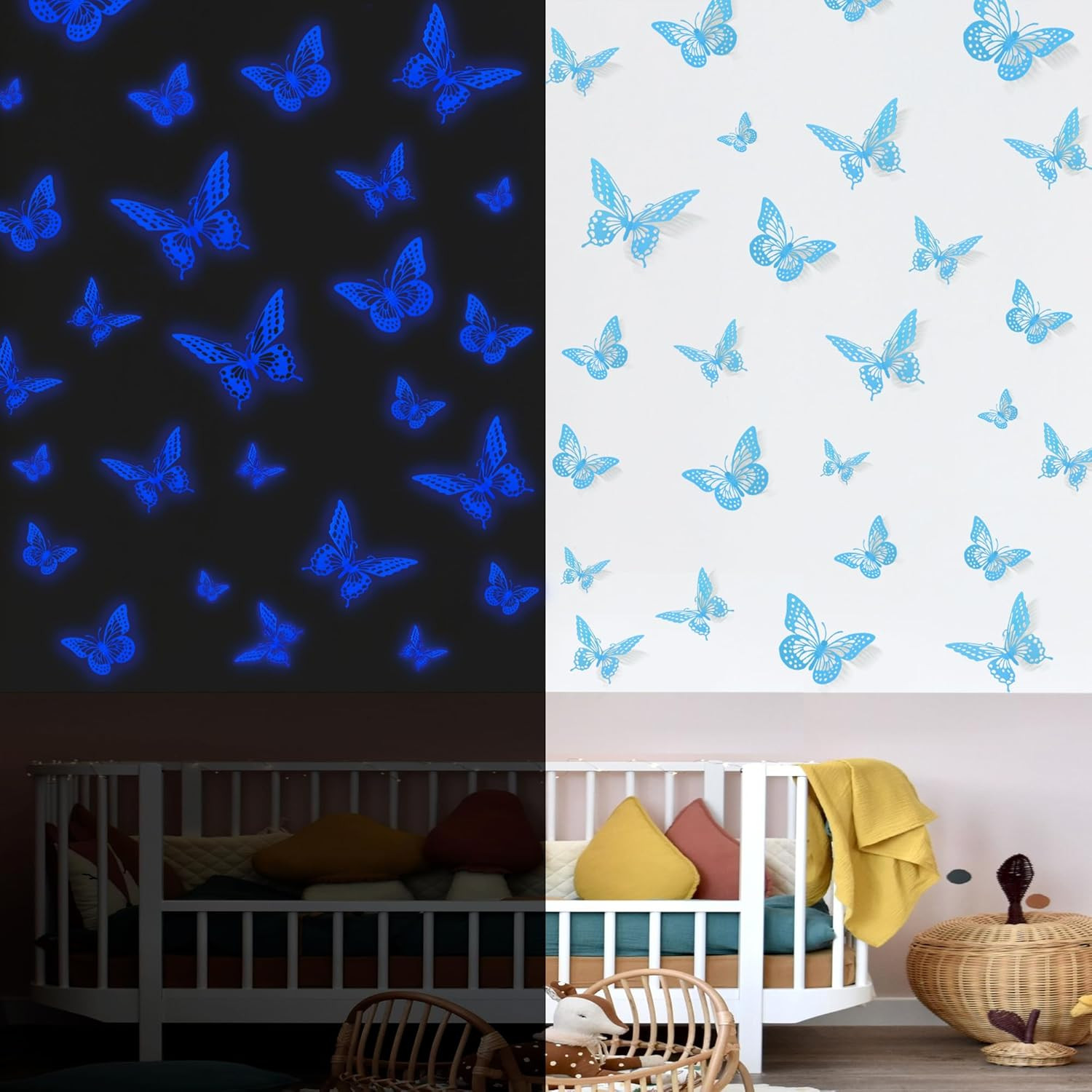 Glow in the Dark 3D Butterfly 24 Pcs 3 Sizes, Luminous Butterfly Stickers for Ce
