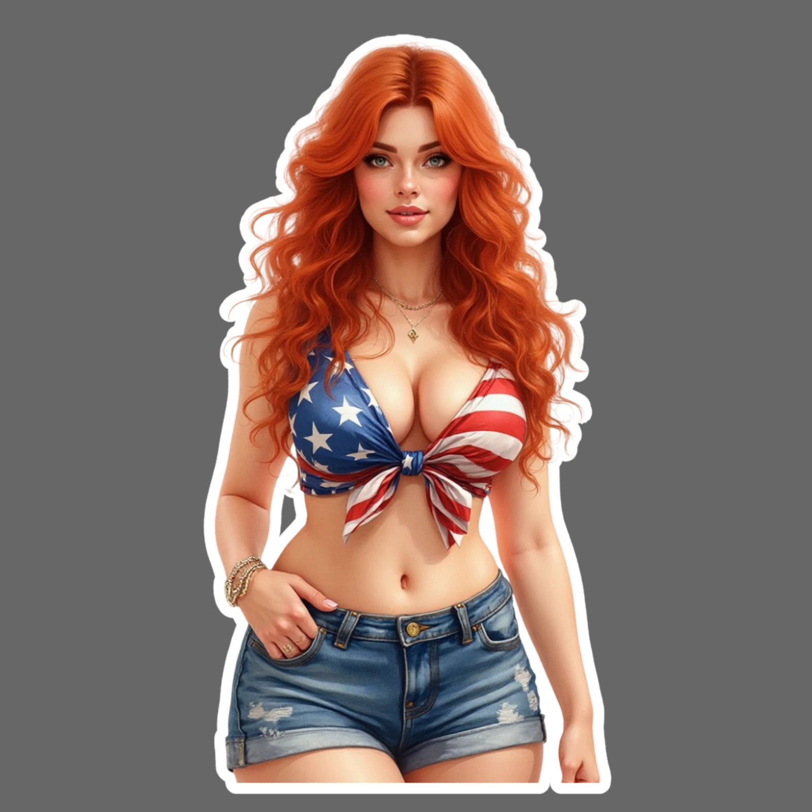 Pinup Girl Sticker Vinyl Decal Redhead Flag Bikini Curvy Thick 8″