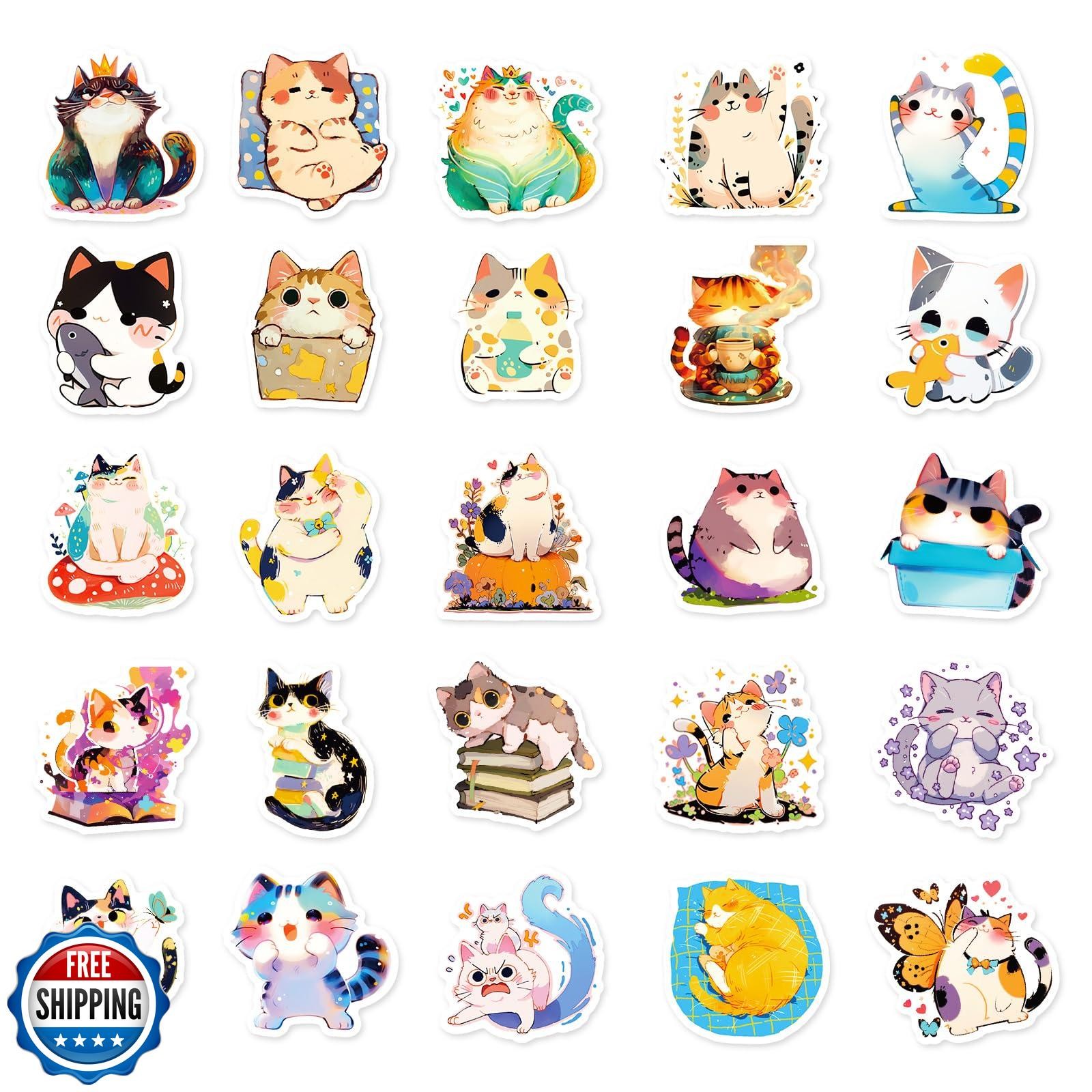 50pcs Cat Stickers for Kids,Vinyl Water Bottle Stickers for Adults and Teens,