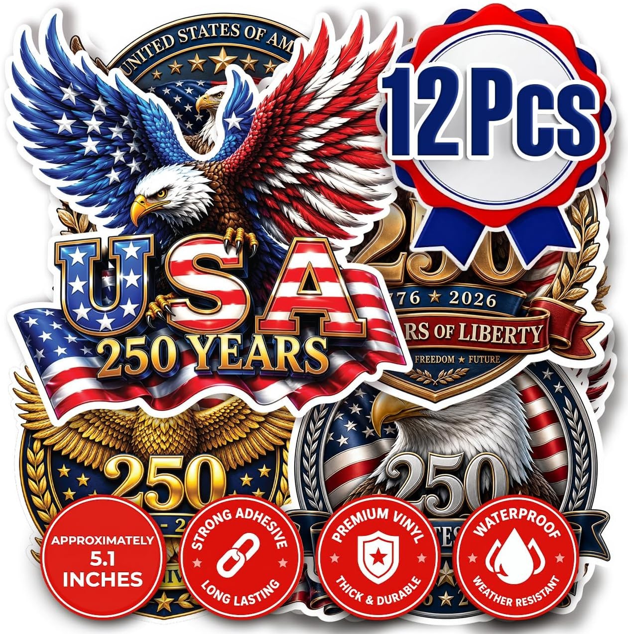 12pcs USA 250th Anniversary Patriotic Stickers – 6 Unique Designs, 6-Inch Pat…