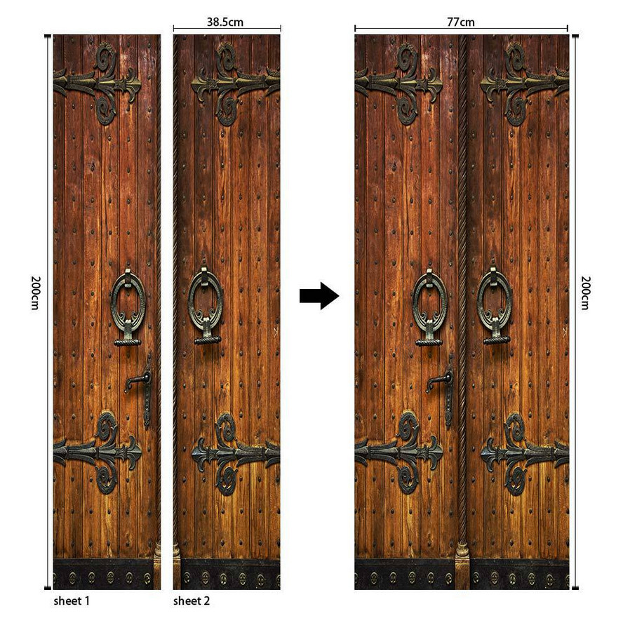 PVC Door Sticker 3D Wallpaper Rustic Brown Wood Door Home Wall Decals Mural