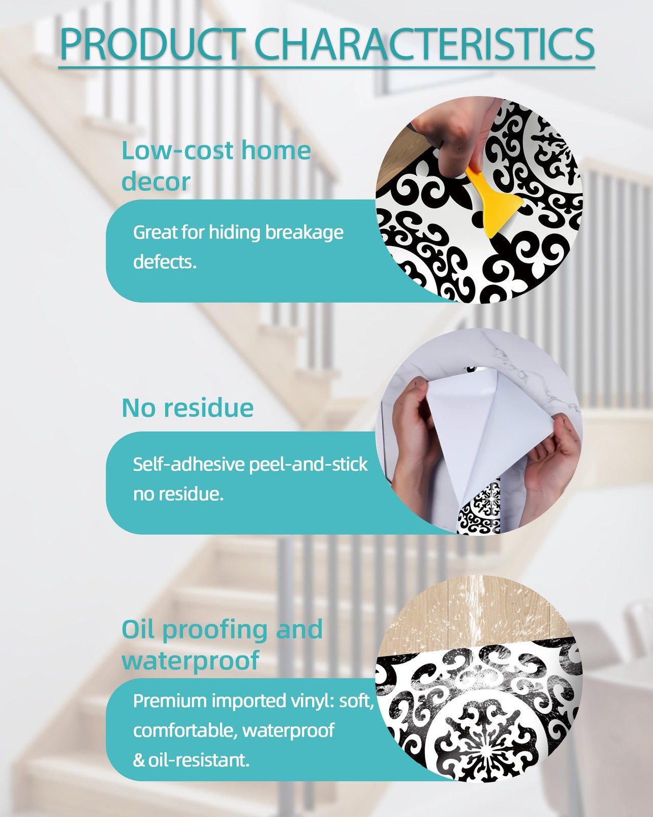 Decorative Stair Riser Decals, Classical Black and White Damask Pattern, -Adh…