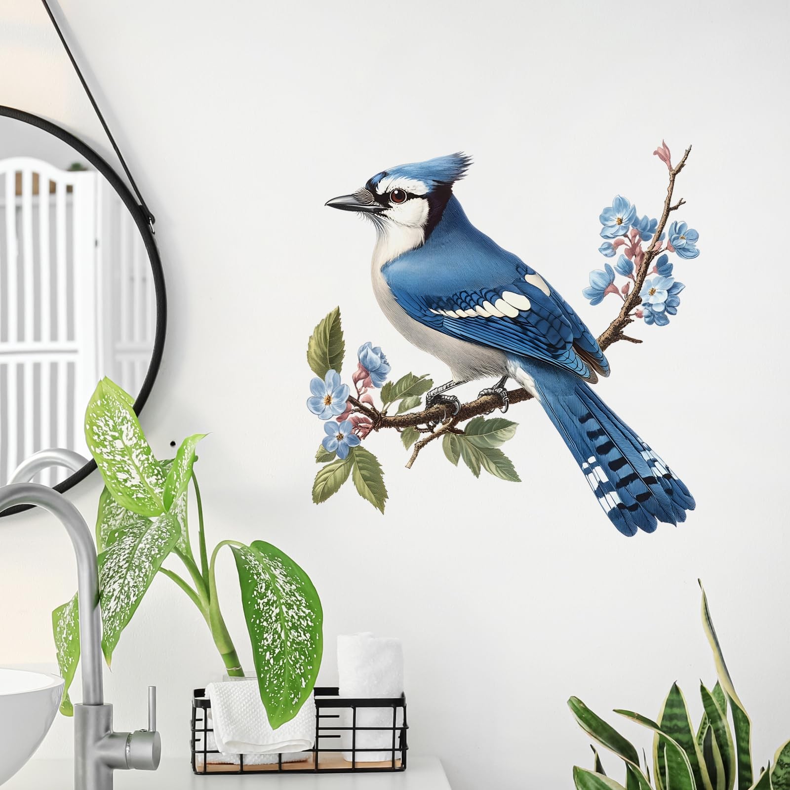 Lifelike Blue Jay On A Branch Bird Wall Decal Nursery Animal Wall Sticker Rem…