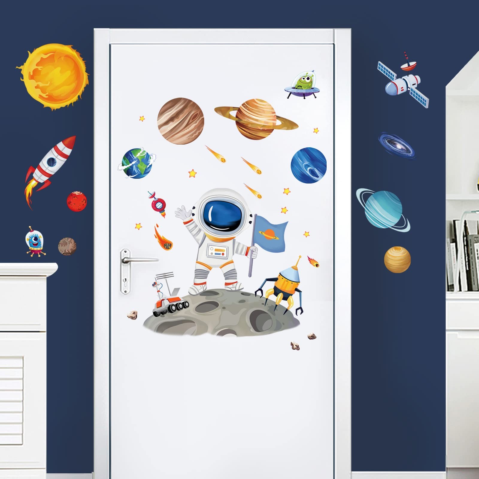 Outer Space Astronaut Wall Stickers Planets Rocket Peel and Stick Wall Art De…
