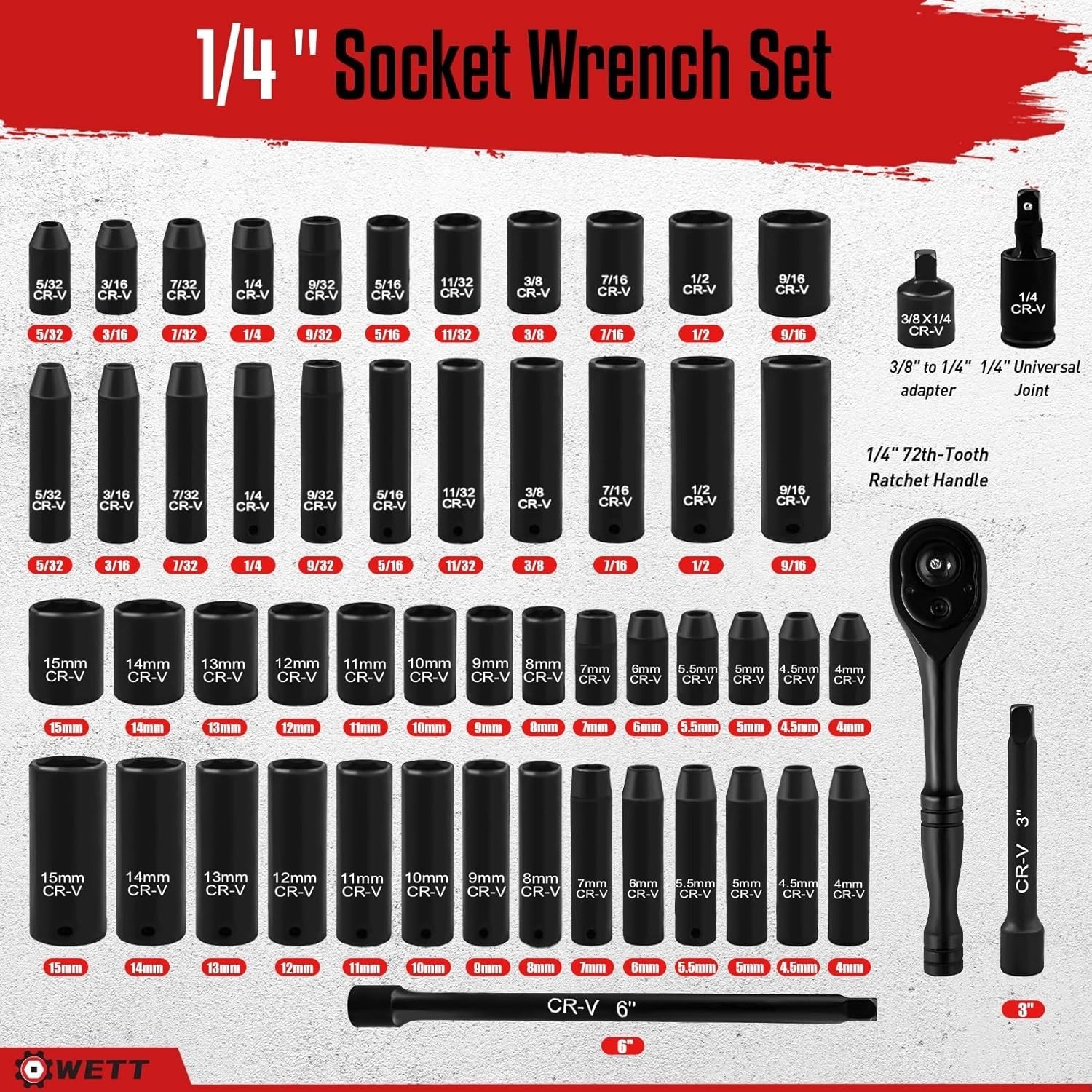 1/4″ Drive Impact Socket Set, 55 Piece, Sae/Metric, Deep/Shallow, Cr-V Steel, 6