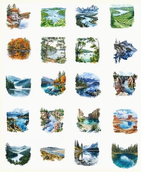 20 Pcs Set Lake Mountain 2D flat Vintage STICKERS for Scrapbook DIY Journel