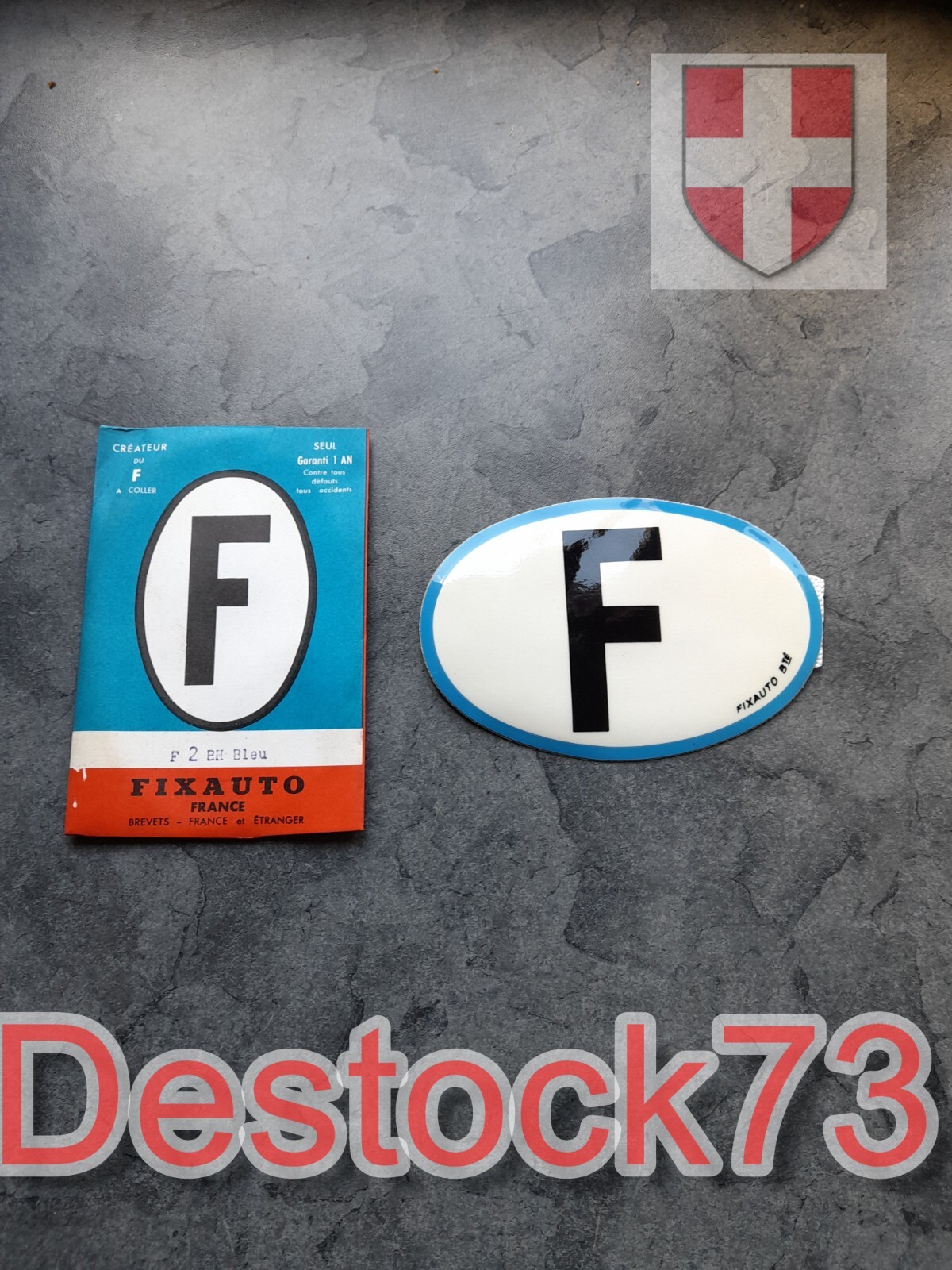 Vintage F France BLUE car sticker in original pouch, FIXAUTO