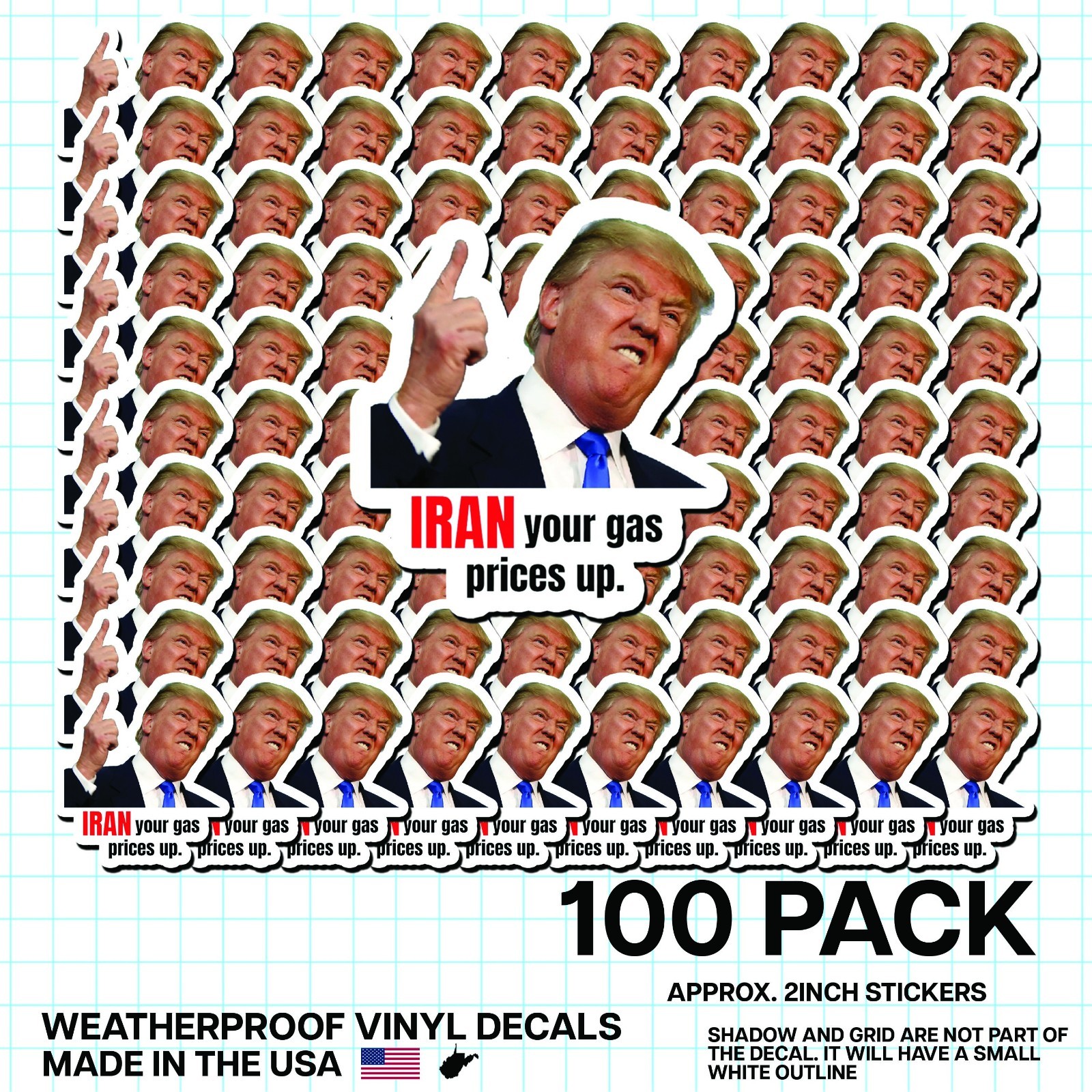 Trump “Iran Prices Up” Sticker 100 Pack Funny Gas Meme Political Decal 2″
