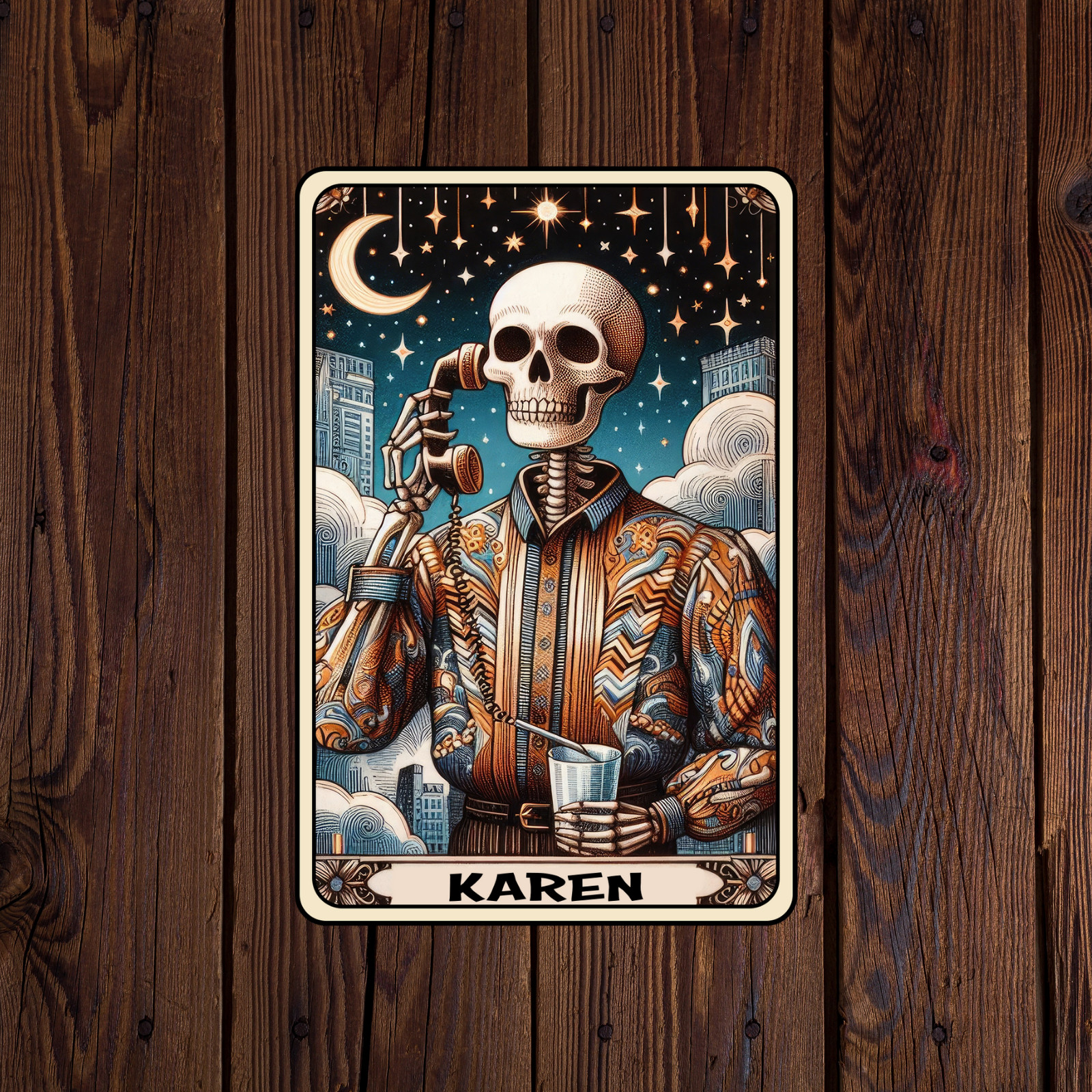 Tarot card sticker vinyl decal karen skeleton moon stars funny novelty laptop