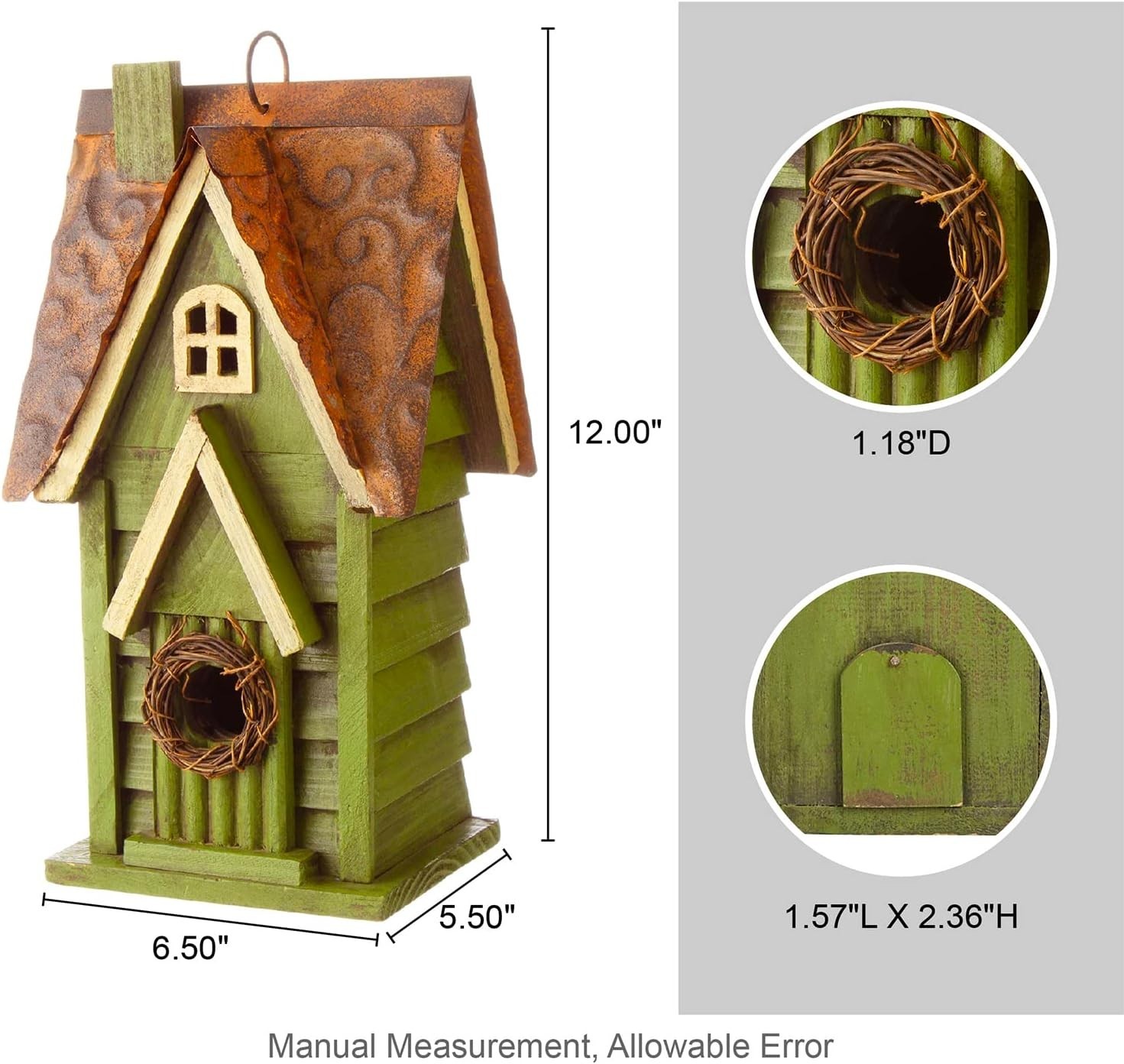 12″ H Green Hanging Distressed Solid Wood Garden Bird House Decorative Birdhouse