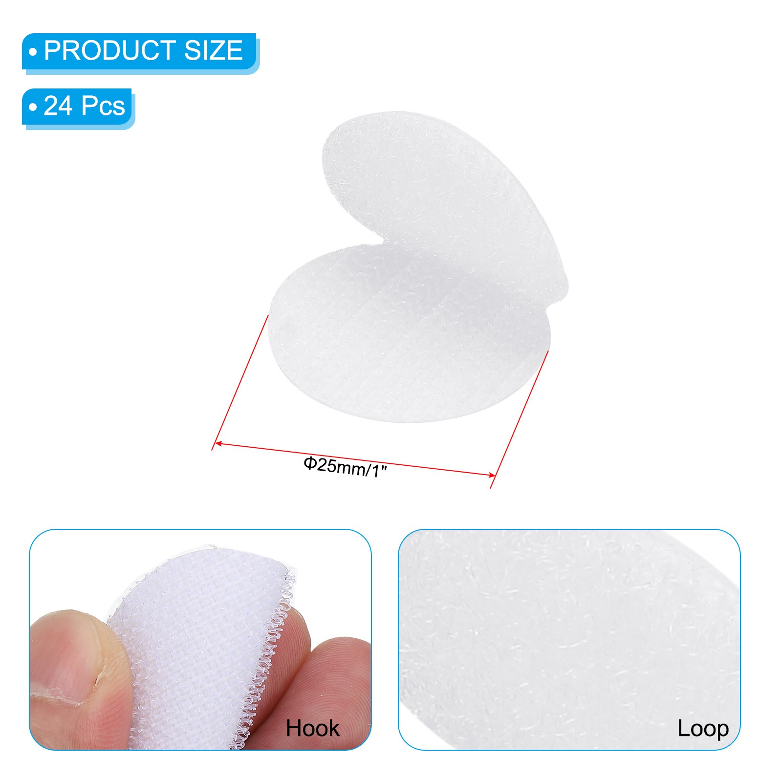 24 Pairs Round Adhesive Hook and Loop Dots 1 Inch, White