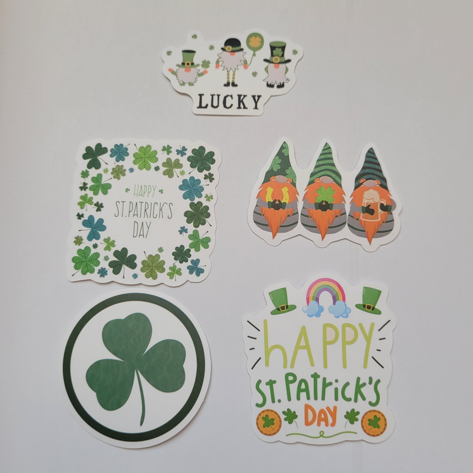 St. Patrick’s Day vinyl stickers set of 5 Lucky gnome shamrock leprechaun gold
