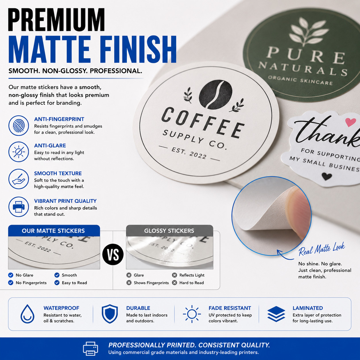 Custom Logo Stickers Matte Vinyl Labels Business Branding Decals 1-6″ Bulk