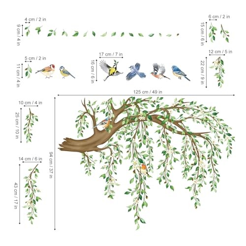 decalmile Hanging Vine Wall Decals Tree Branch Green Leaf Flower Birds Decor