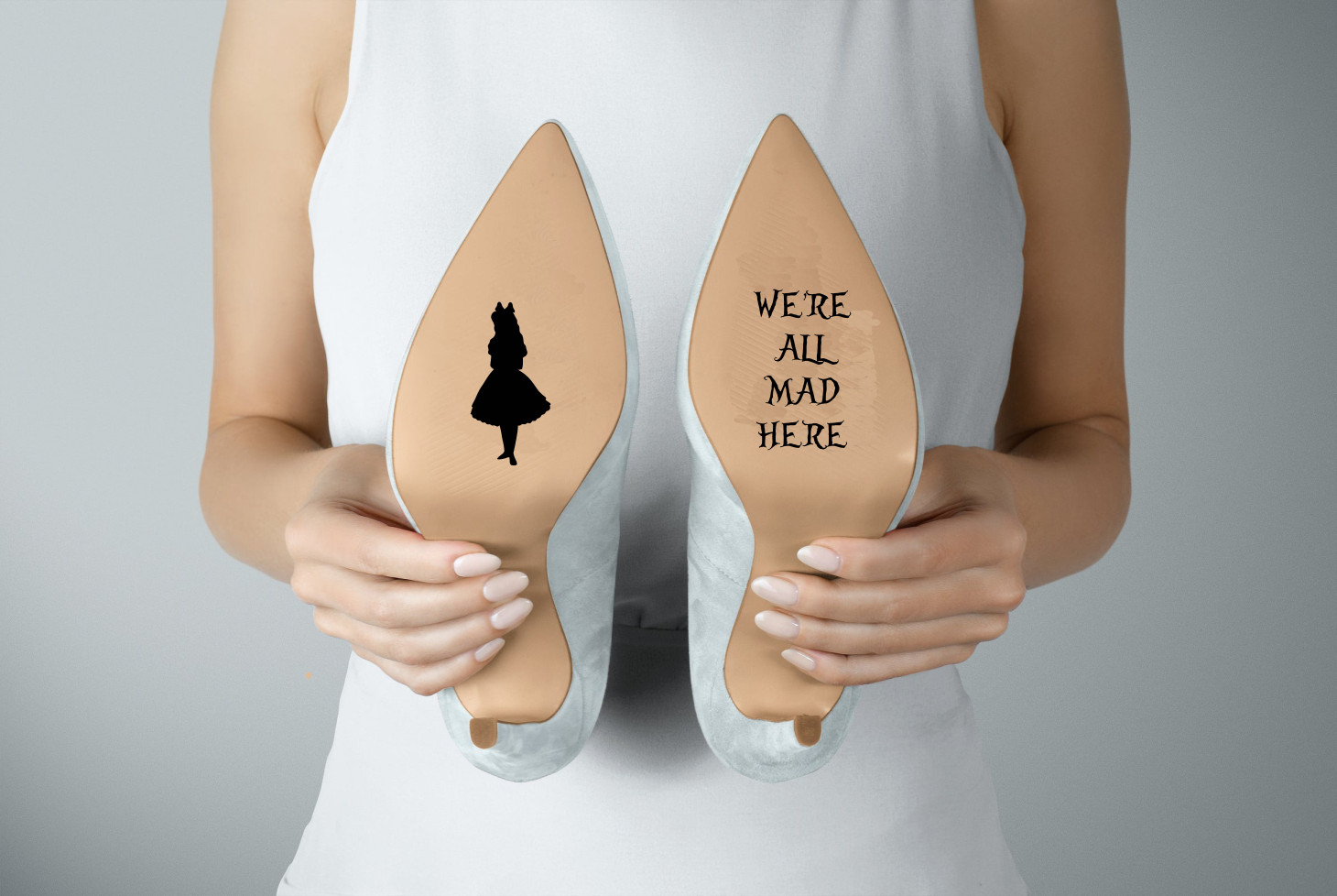 Alice in Wonderland “We’re All Mad Here” Wedding Shoe Decal Stickers #101