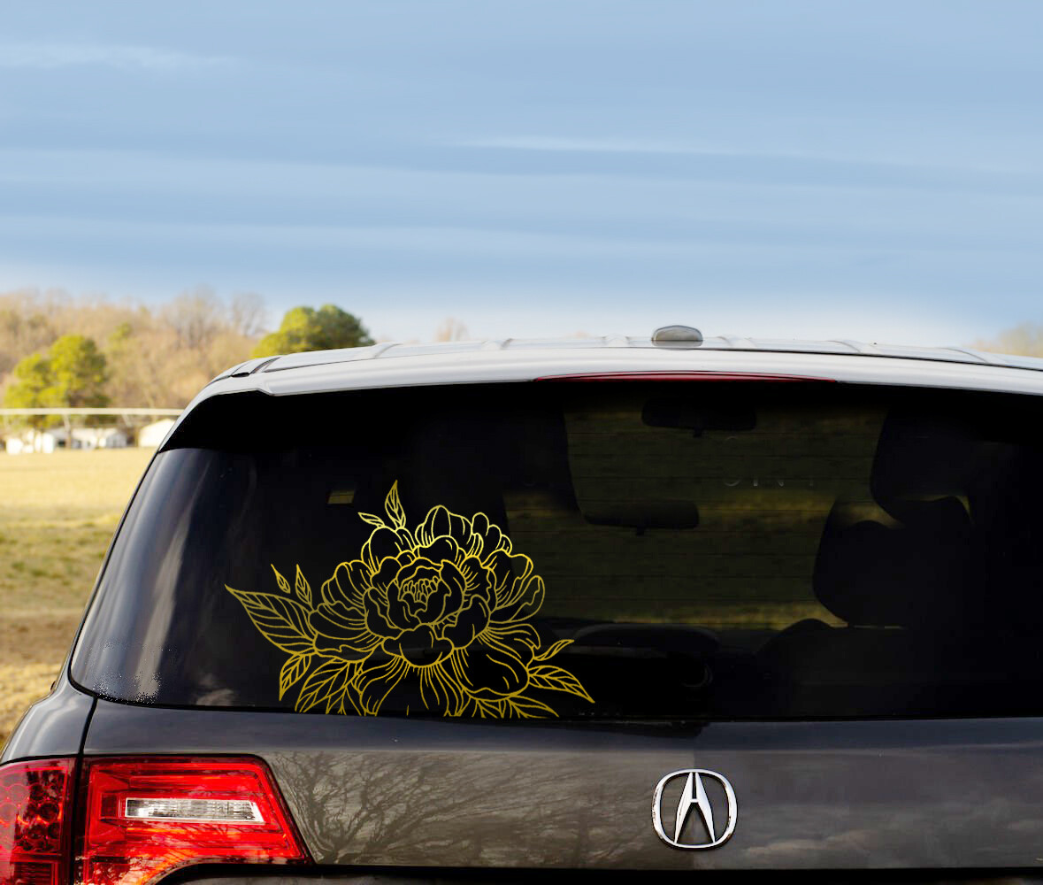 Peony Car Decal Bumper Sticker Back Window Car Removable Gold Decal 9″x12″