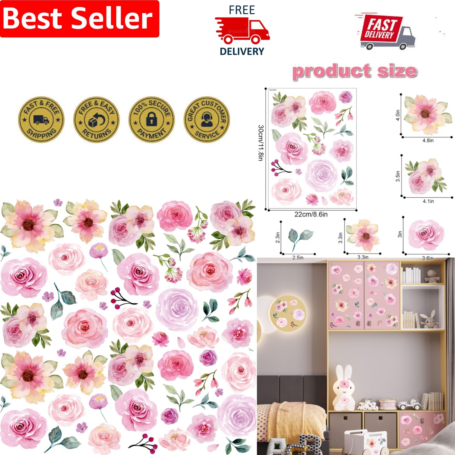 Easy-To-Apply Floral Stickers – 60PCS Watercolor Decor for Kids’ Spaces