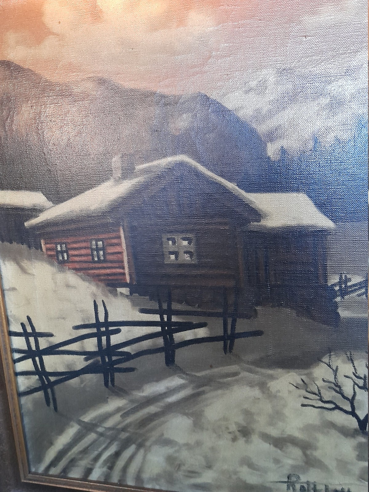 Scandinavian Charm: Vintage Oil Painting of a Norwegian Farmer’s Yard