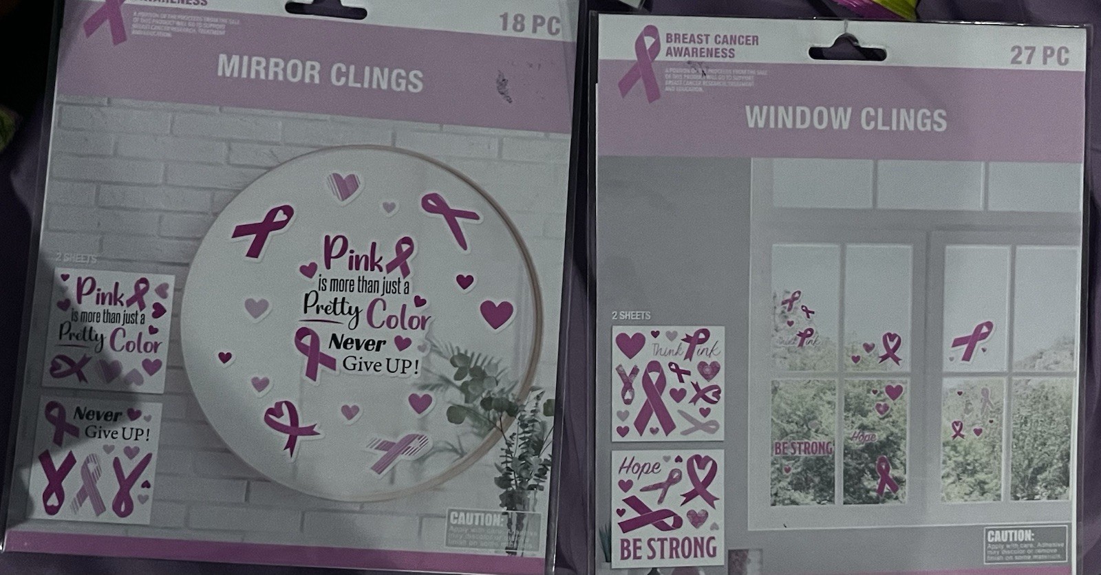 45pc Breast Cancer Awareness Ribbon Mirror & Window Clings Pink Ribbon Decor