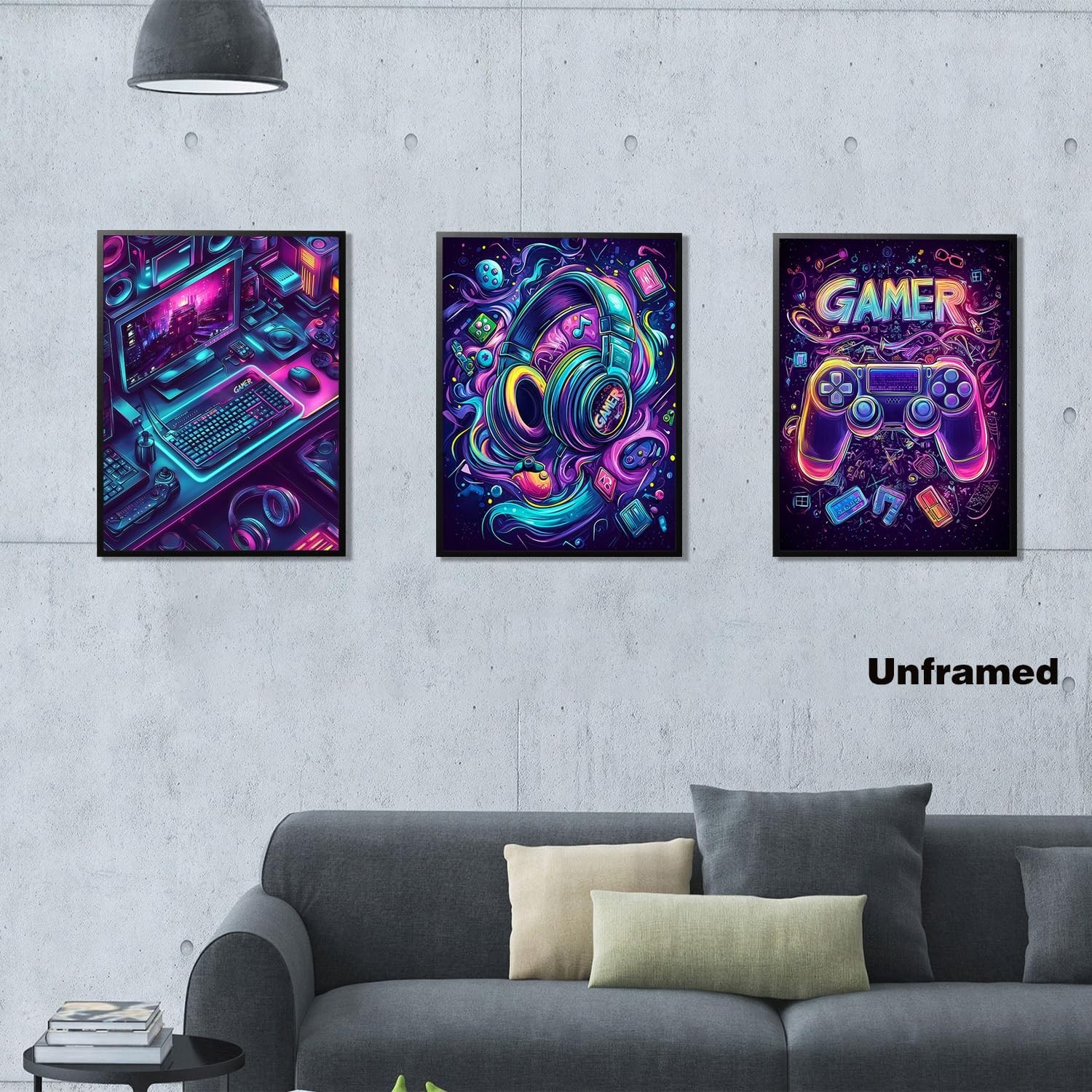 GAMER Gaming Room Canvas Wall Art Set of 3, Game Posters Wall Decor, Gamer Pa…