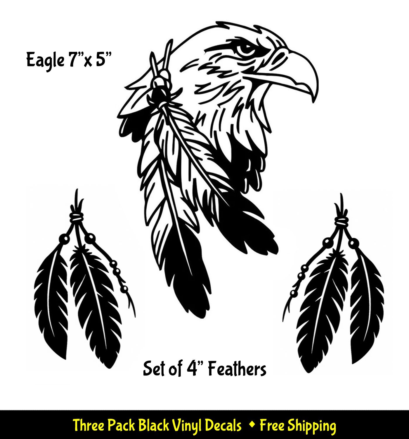 7″ Bald Eagle with Feathers & Two 4″ Feathers Black Vinyl Decals Windows Car