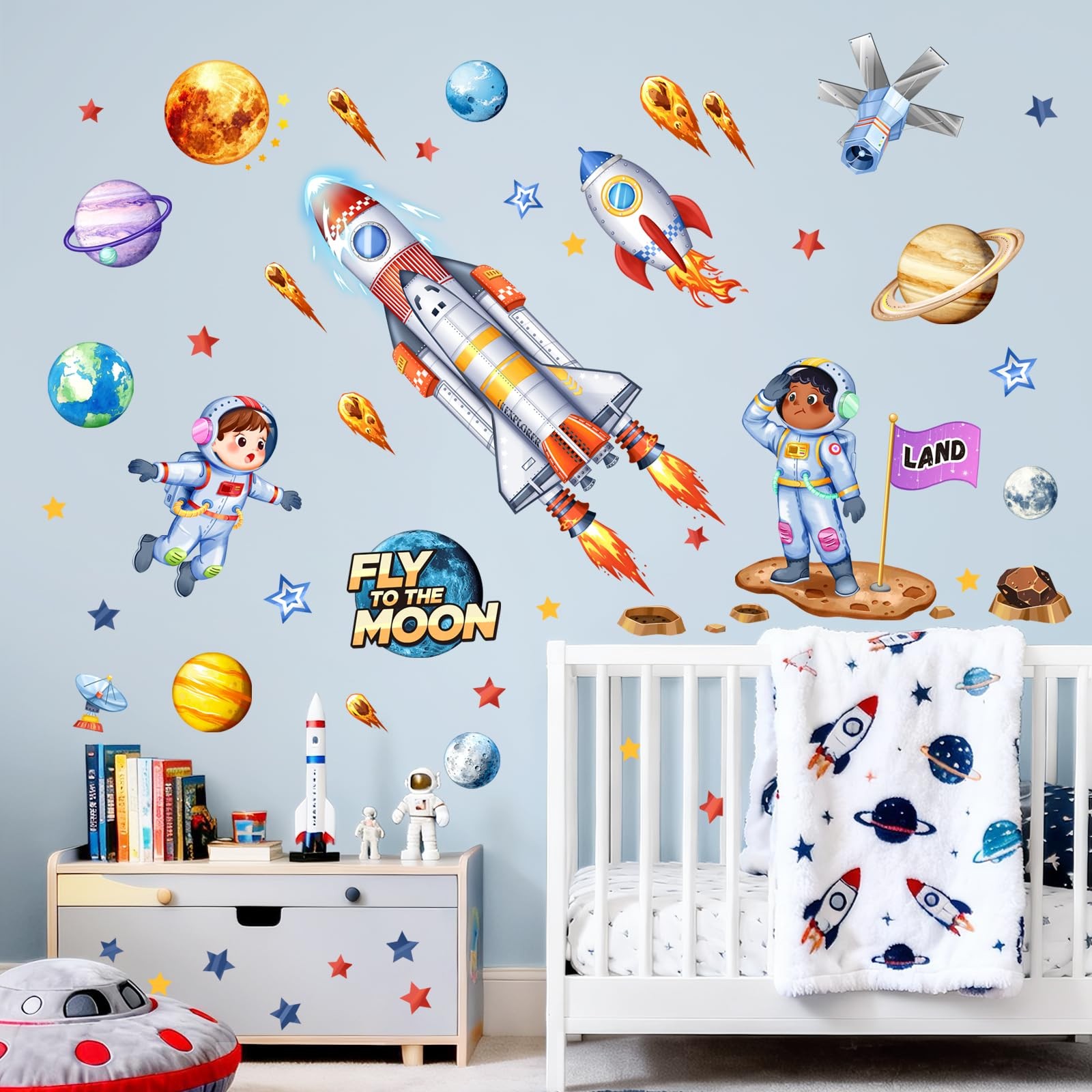 Space Wall Decals for , Rocket Astronaut Planet Peel and Stick Wall Art Stick…