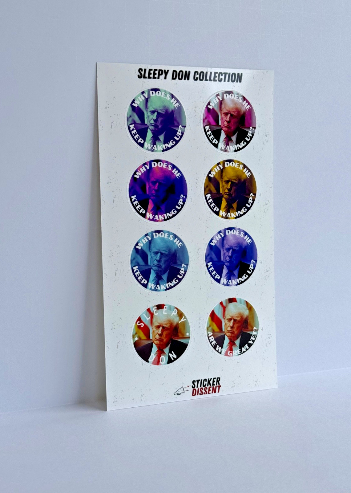 Donald Trump Asleep Stickers 8pc Assorted Anti Trump Political Humor Decals 1.5″