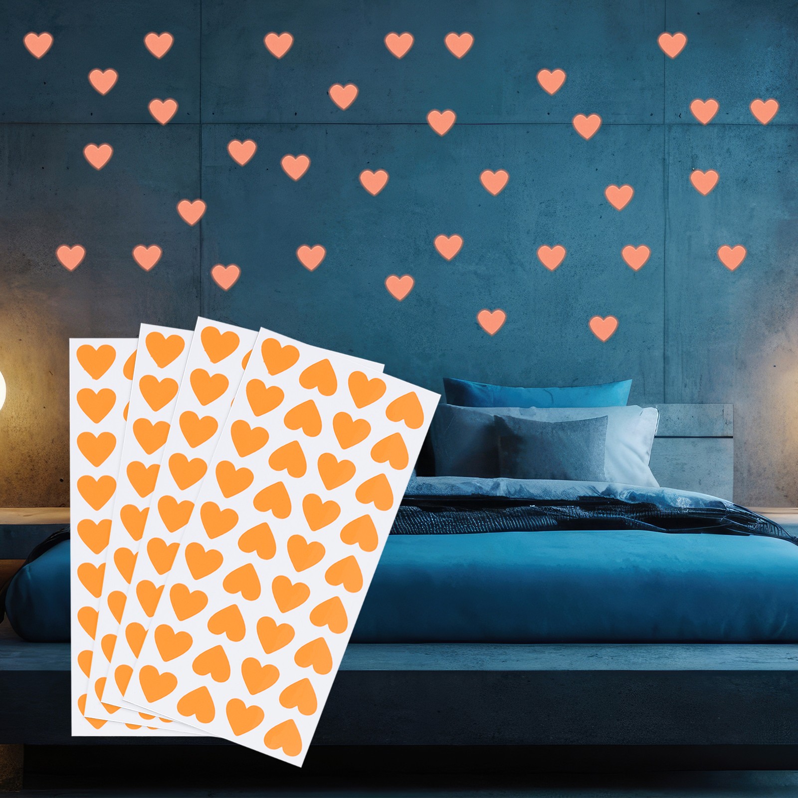 144 pcs Luminous Heart Stickers, Glow Heart Decorations, Orange for