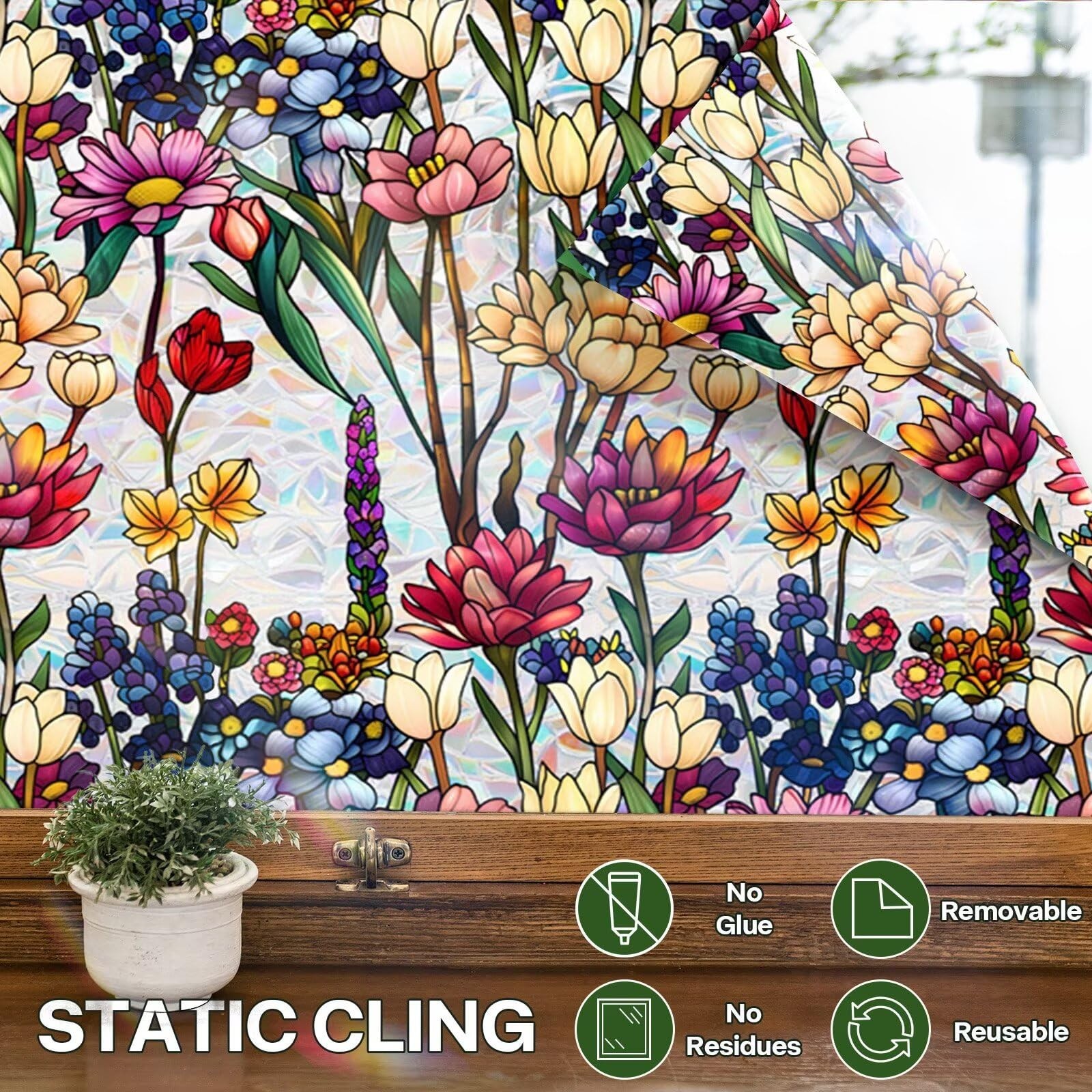 Stained Glass Window Film UV Resistant Window Privacy Film Colorful Flowers P…