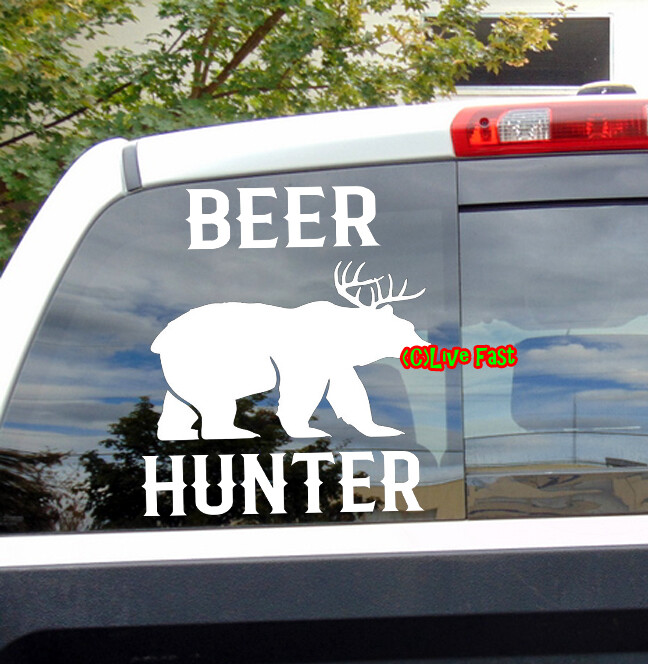 BEER HUNTER DECAL STICKER VINYL funny alcohol alcoholic deer bear hunting humor