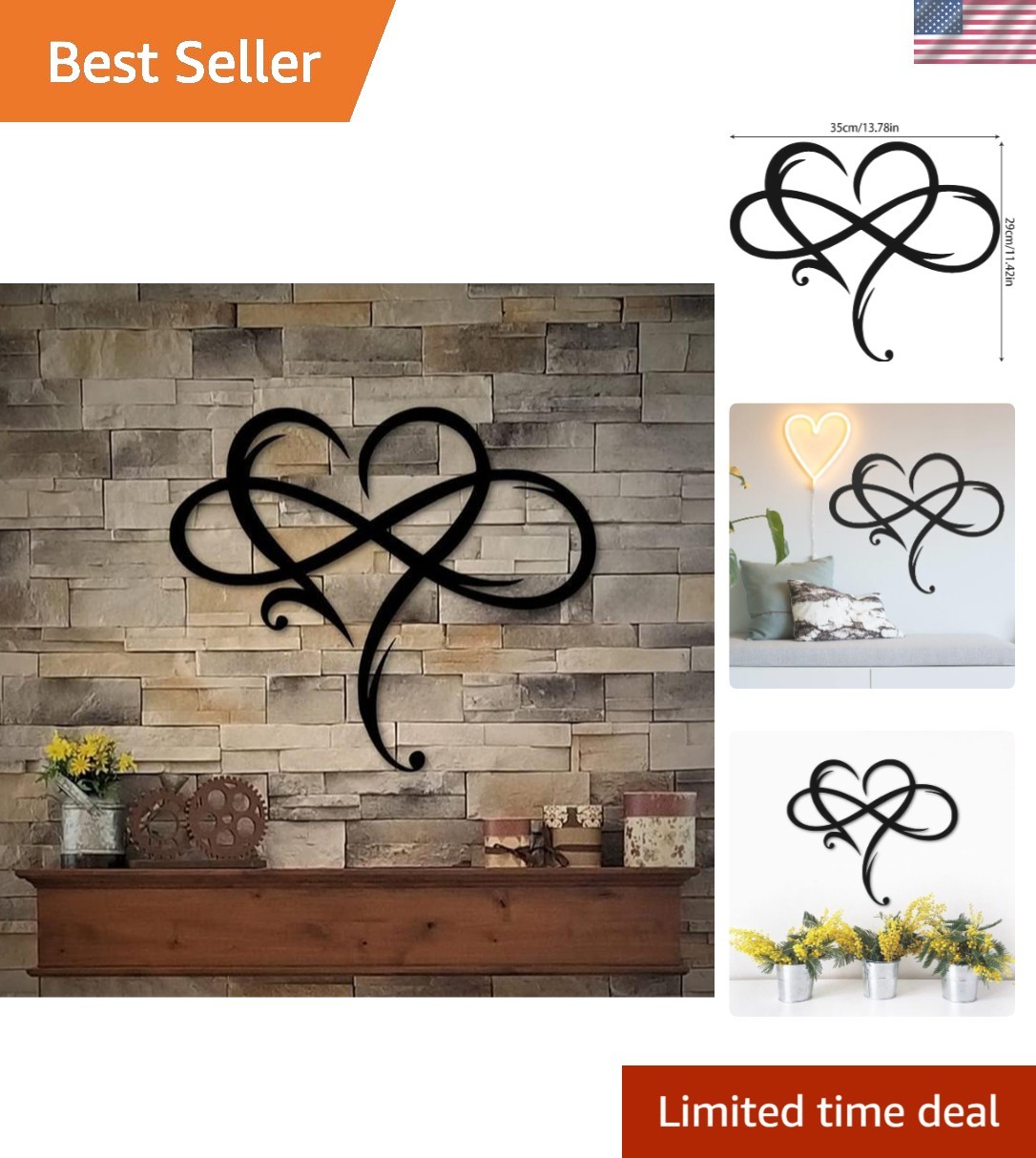 Infinity Heart Metal Wall Art – Elegant Love Sign for Home Décor 13.8”x11.4”