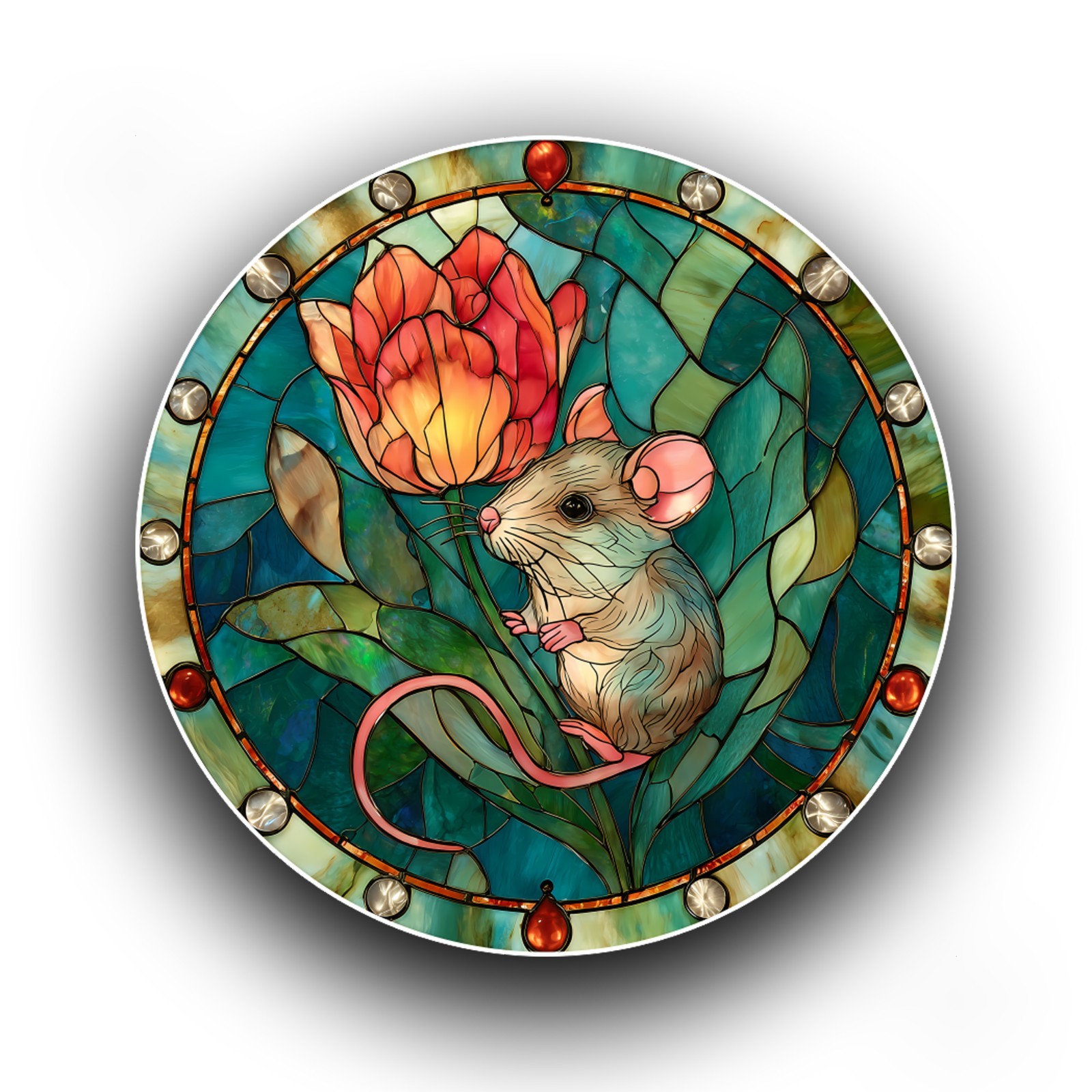 Woodland Mouse Tulip Flower Stained Glass Style Opaque Vinyl Sticker Decal