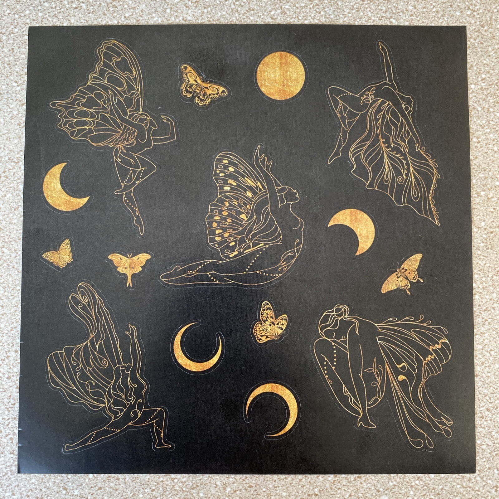Celestial Fairy Moon Butterfly Sun Orange on Black Stickers Beautiful Decorate