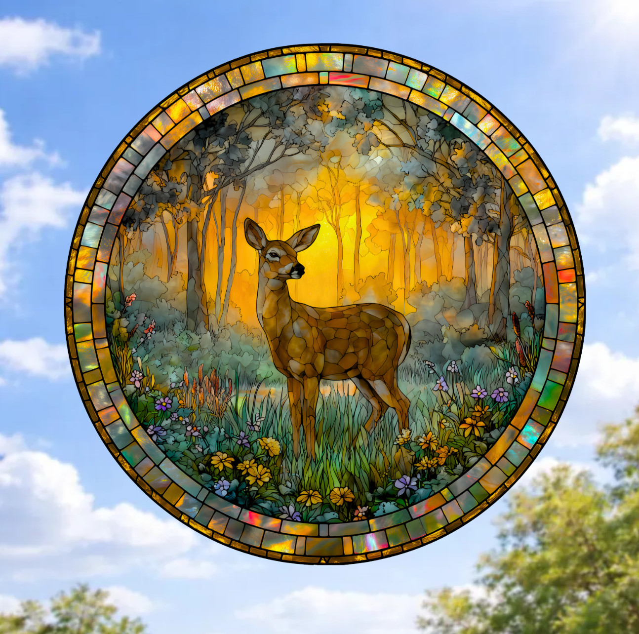 Deer Faux Stained-Glass WINDOW CLING Size 8″ Round, Repositionable Vinyl