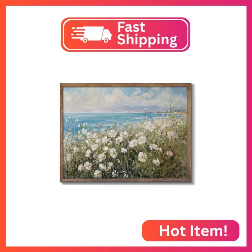 XOCUUI Vintage Farmhouse Canvas Wall Art – Wildflower Field Landscape Painting,