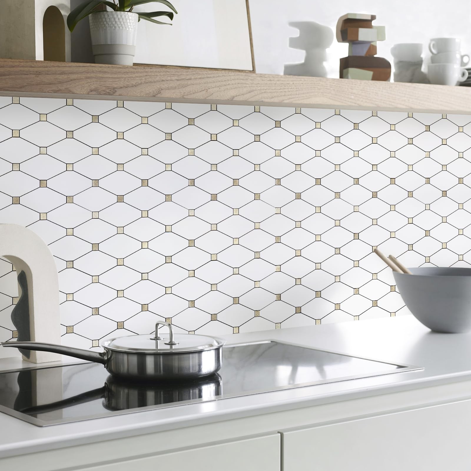 10 Sheets Peel and Stick Backsplash, Pure White Marble Look PVC Mixed Metal G…