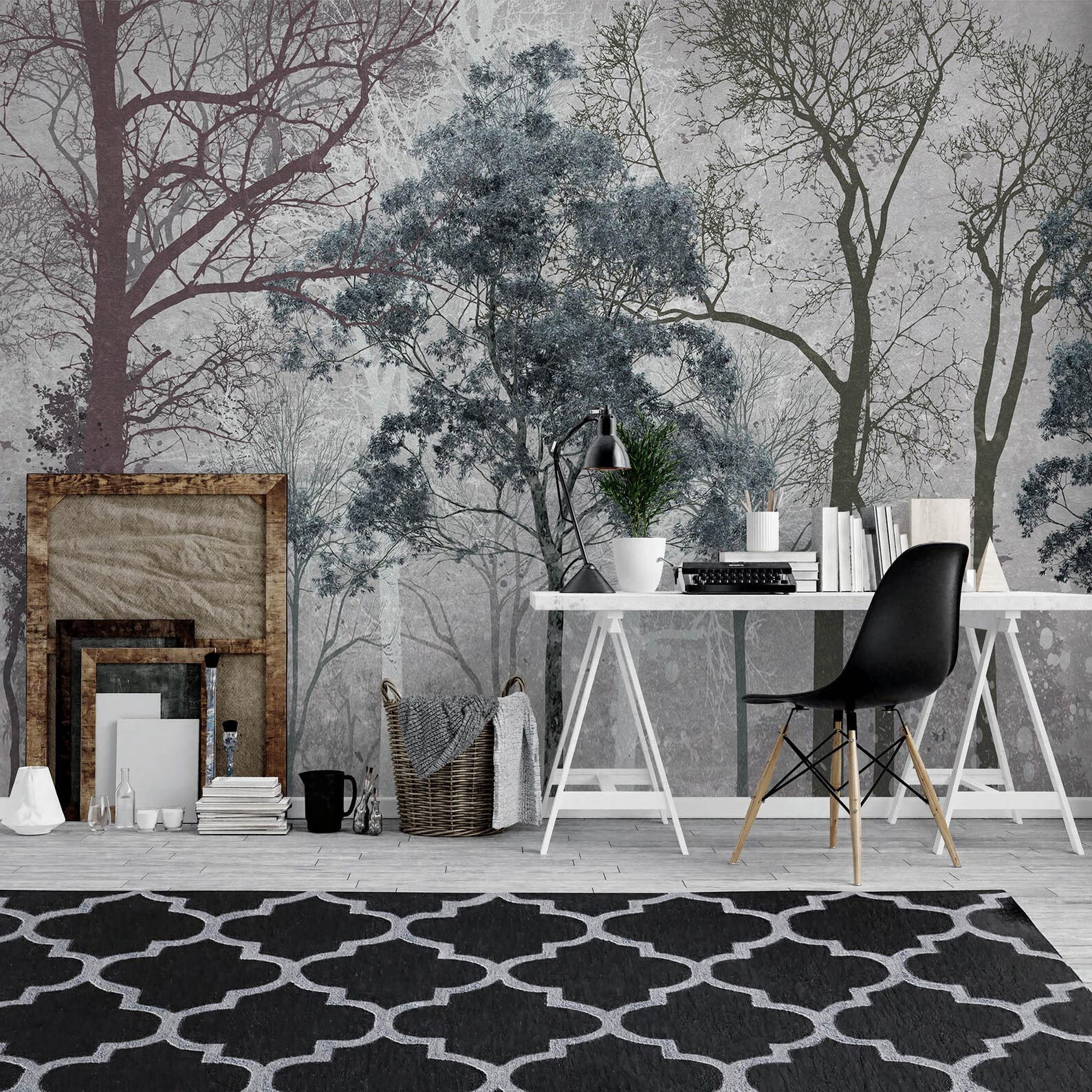 Forest Wallpaper, Winter Trees Wall Mural, Decal. Self-adhesive