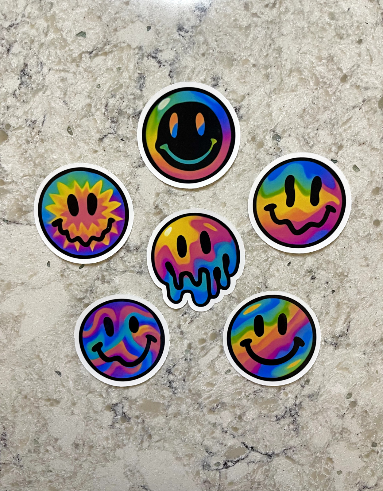 Pack of Trippy Smiley Face Stickers l Gloss or Holographic Laminate l Waterproof