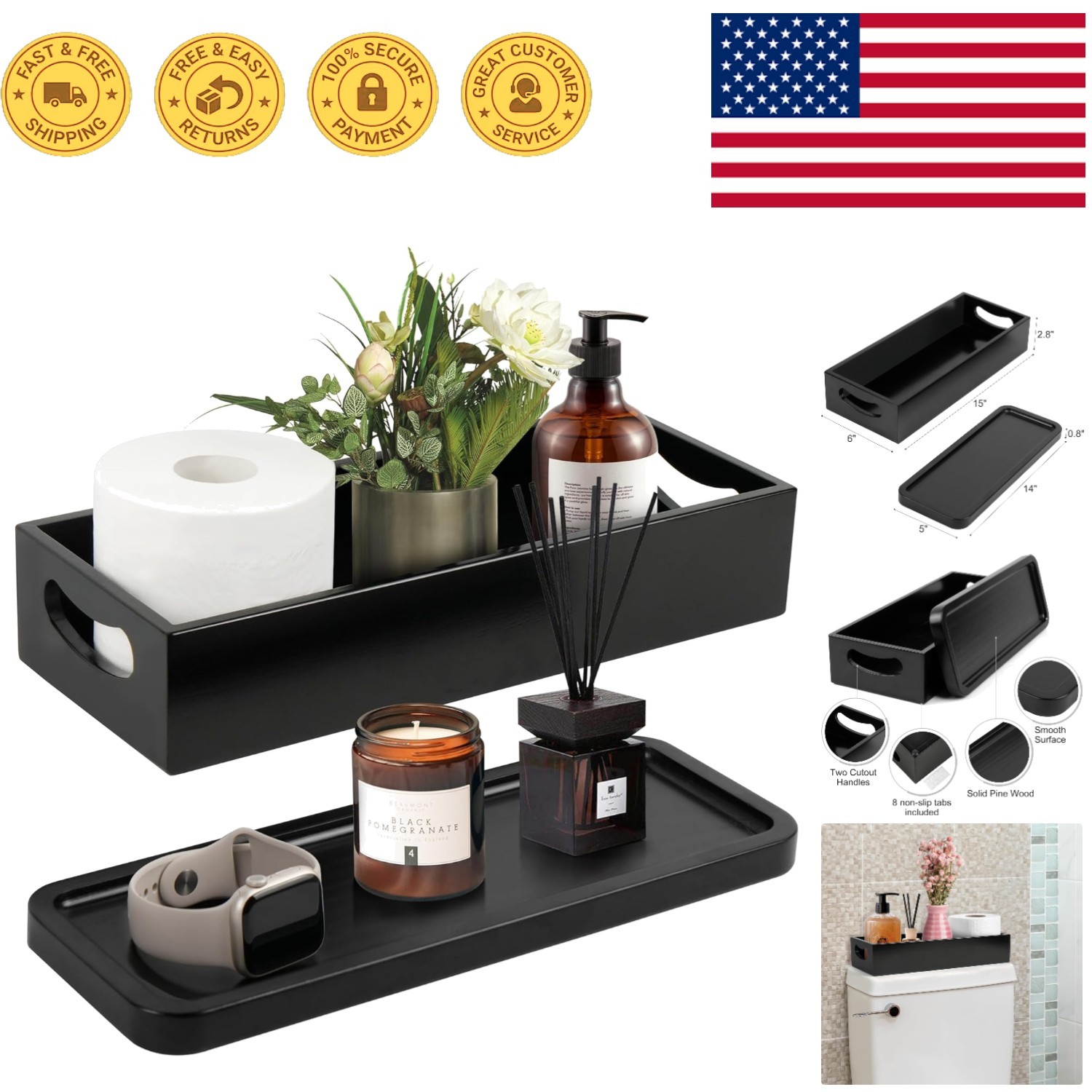 Set of 2 Black Wooden Bathroom Decor Box & Vanity Tray for Organizing Essentials