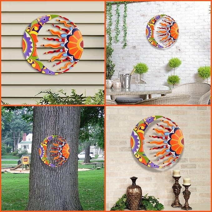 Decoración de arte de pared de sol y luna de metal 16″ colorido talavera. neuvo.