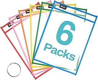 SUNEE 6 Packs Oversized Reusable Dry Erase Pocket Sleeves with Binder Ring, 6 As