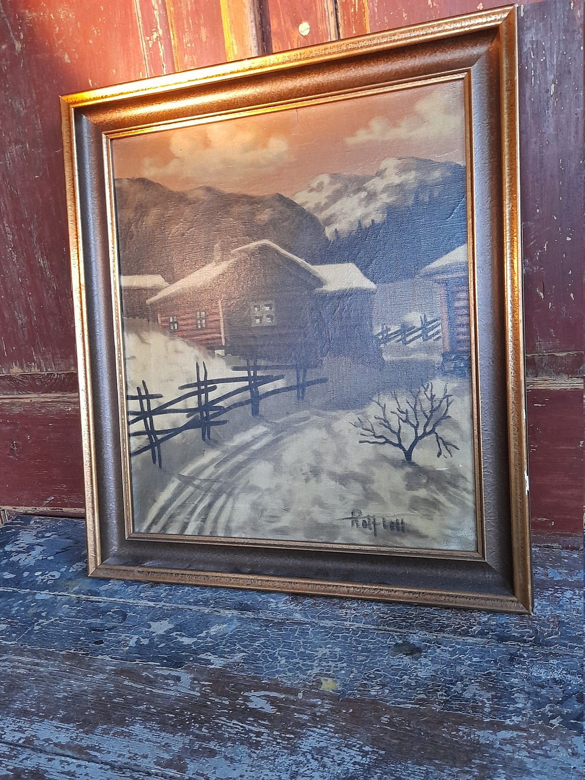 Scandinavian Charm: Vintage Oil Painting of a Norwegian Farmer’s Yard